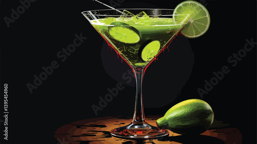 Spooky Halloween-Themed Margarita Cocktail in Elegant Glass on Black Background