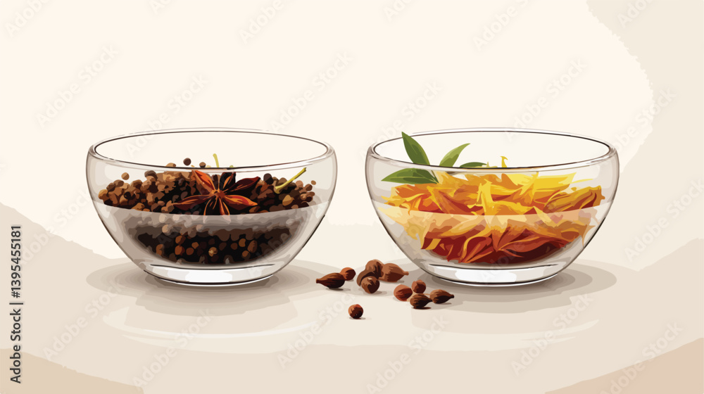 Professional Composition of Glass Bowls with Aromatic Spices on Light Background Professional Composition of Glass Bowls with Aromatic Spices on Light Background