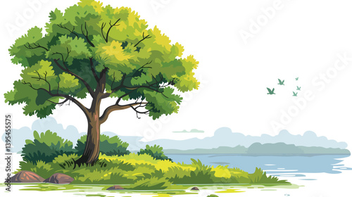 Detailed Vector Illustration of Large Nature Tree with Green Leaves against White Background for Professional Projects