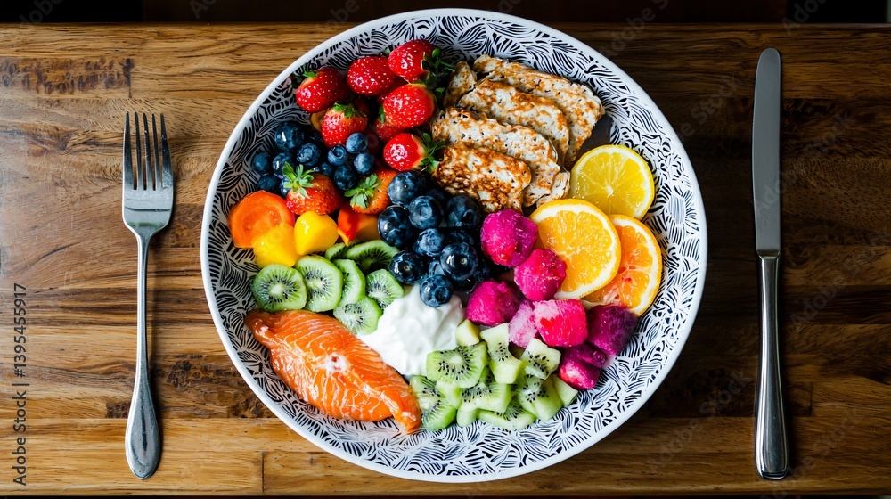 Colorful Healthy Breakfast Bowl with Fresh Fruits, Salmon, and Nutritious Oat Cakes on Wooden Table Colorful Healthy Breakfast Bowl with Fresh Fruits, Salmon, and Nutritious Oat Cakes on Wooden Table