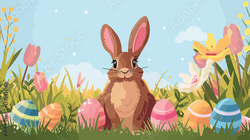 Easter Celebration Vector Illustration of Cute Rabbit with Eggs for Festive Designs