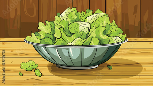 Professional Colander and Iceberg Lettuce on Wooden Background Vector Illustration for Culinary Design Projects