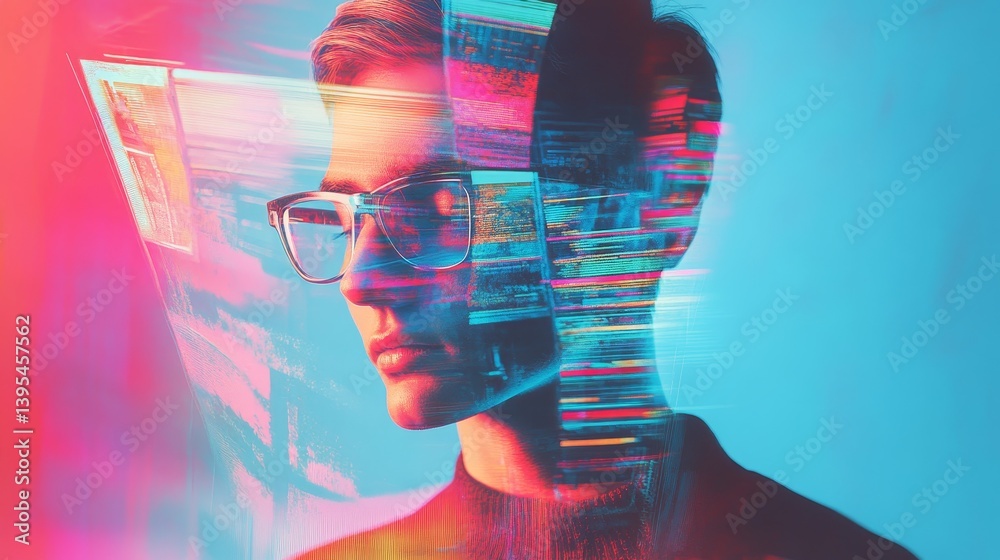 Man with glasses portrait double exposure abstract colorful background.