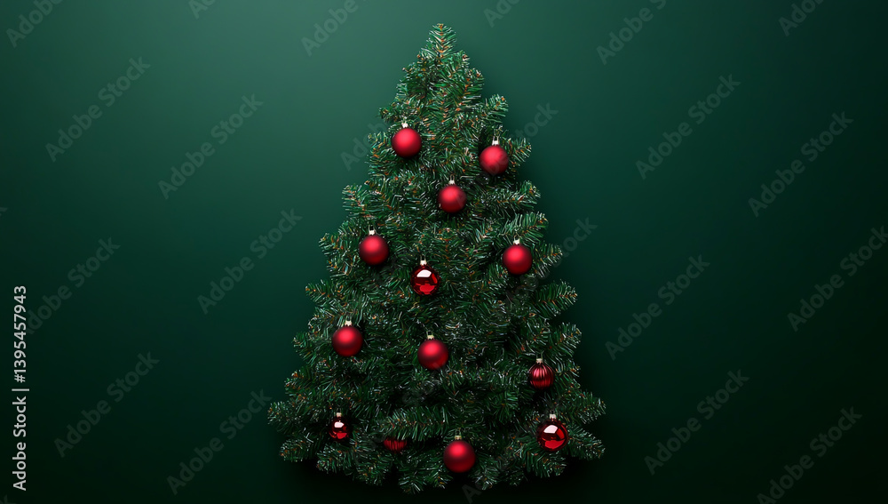 Minimalist Christmas tree with red and green ornaments on a dark green background, a flat lay banner template for a New Year holiday party decoration Minimalist Christmas tree with red and green ornaments on a dark green background, a flat lay banner template for a New Year holiday party decoration