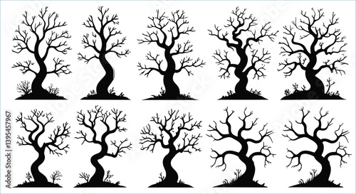 Twisted scary leafless trees silhouettes for Halloween vector design