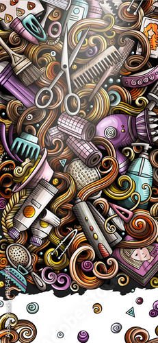 Hair salon hand drawn doodle banner. Cartoon detailed illustrations. Barbershop identity with objects and symbols. Color design elements background