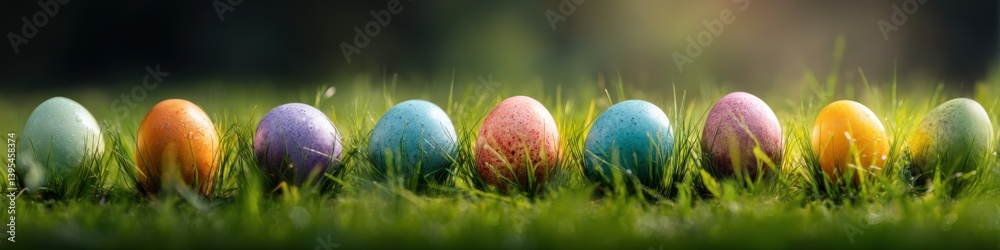 Colorful Easter eggs nestled in fresh grass during a serene early morning Colorful Easter eggs nestled in fresh grass during a serene early morning