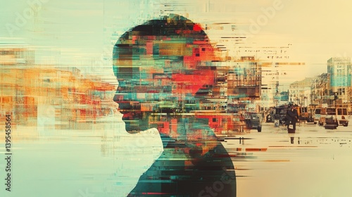Silhouette of a person with layered city and abstract patterns overlaid.