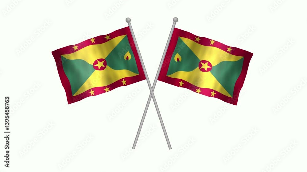 Flag of Grenada, Cross table flag of Grenada on white screen, Grenada 3D Animation flag waving in the wind isolated on white Background. 
