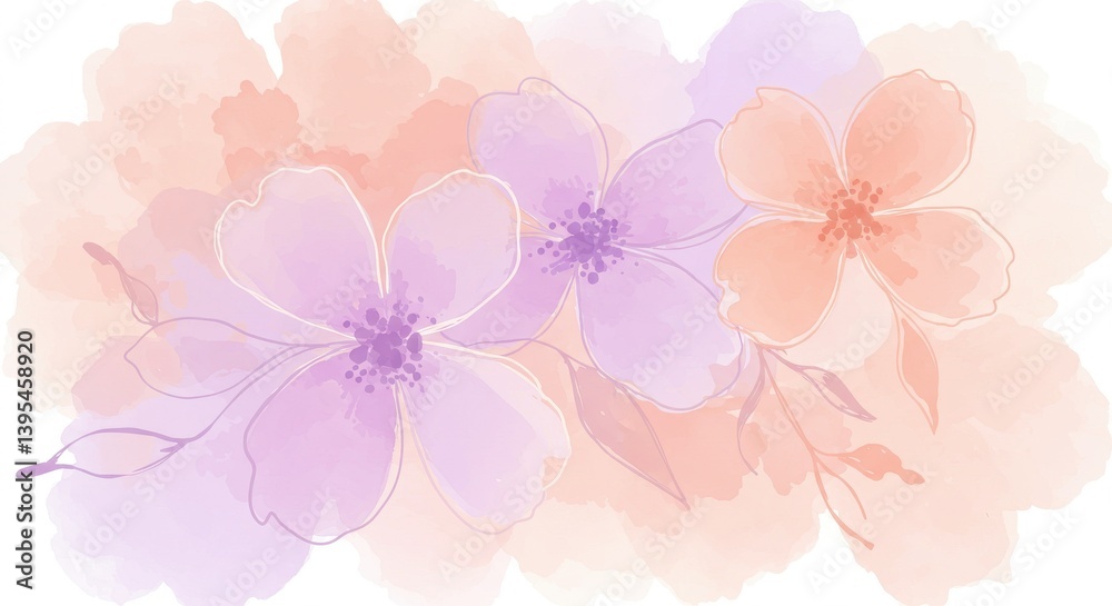 Soft watercolor illustration of delicate flowers with pastel colors and gentle background Soft watercolor illustration of delicate flowers with pastel colors and gentle background