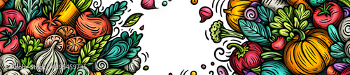 Vegetables cartoon doodle background. Veggies banner design. Nature elements and objects illustration. Bright colors funny picture.