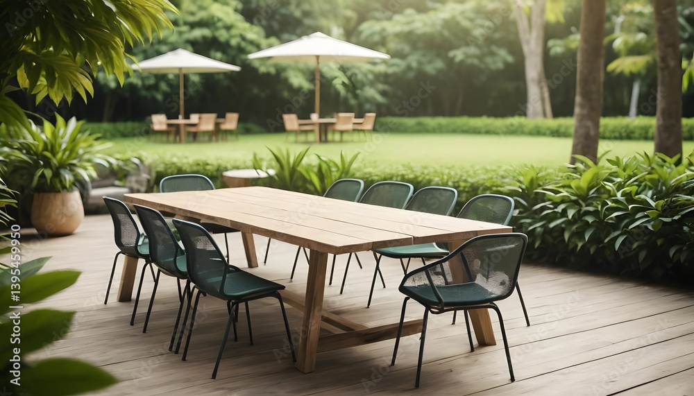 Fototapeta premium Outdoor dining setup lush garden photography natural light wide angle relaxing atmosphere for entertaining guests