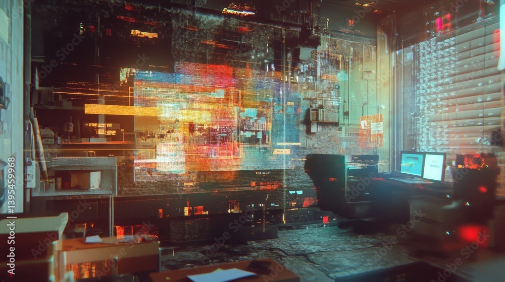 Interior scene with blurred colorful lights and computer screens creating abstract effect.