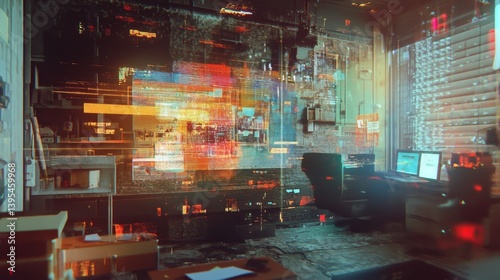 Obraz na płótnie Interior scene with blurred colorful lights and computer screens creating abstract effect. w salonie
