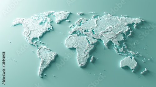 Minimalistic 3D world map on a soft blue gradient backdrop, featuring a simplified representation