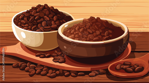 Premium Quality Image of Cocoa Powder and Beans in Bowls on Wooden Background