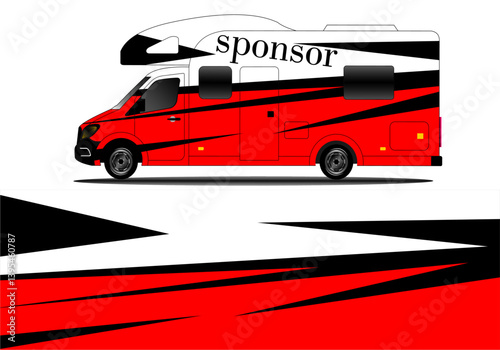 Red and black patterned RV with sponsor branding parked on a minimalist background
