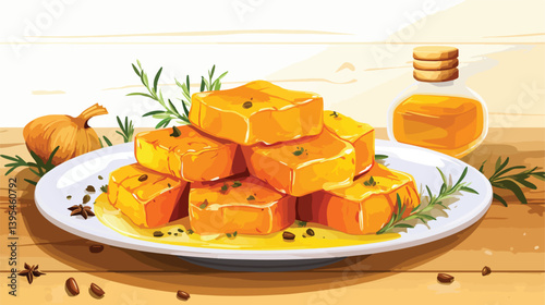 Exquisite Dish featuring Delicious Baked Pumpkin Pieces Drizzled with Honey and Sprinkled with Rich Spices