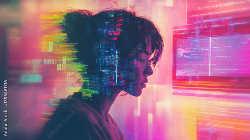 Woman's profile overlaid with digital code and colorful light effects.