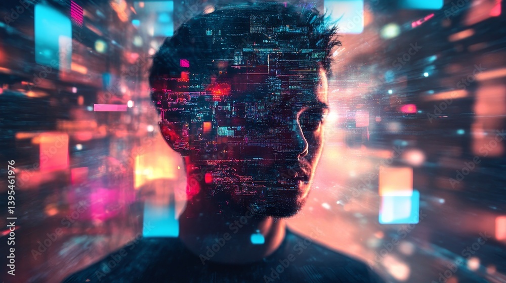 Man portrait with digital overlay of lights and data streams futuristic concept.