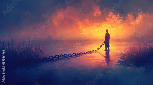 A solitary figure bravely facing a fiery sunset, dragging a heavy chain across tranquil waters, symbolizing the struggle for liberation; painted with dramatic lighting and hazy atmospheric effects.
