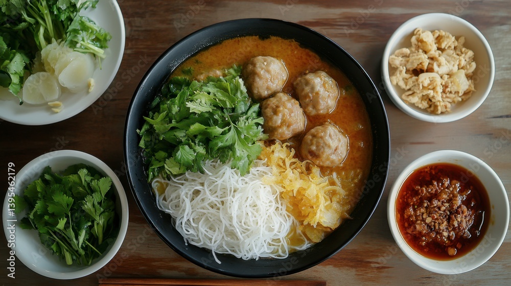 Delicious bowl of meatball soup with fresh herbs and noodles Delicious bowl of meatball soup with fresh herbs and noodles