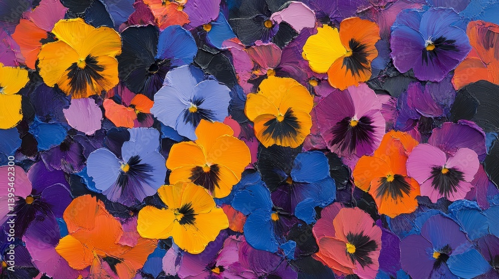 Colorful floral painting featuring yellow orange purple and blue pansy flowers.