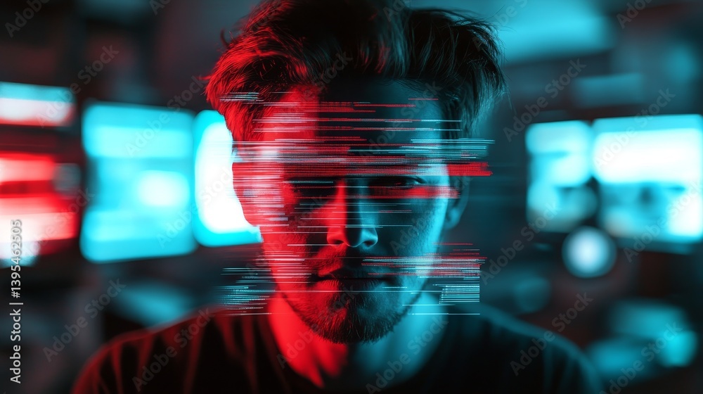 Man faces camera surrounded by computer screens with red and blue lighting.