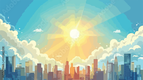Sunny Cityscape Vector Illustration for Urban Environment with Clear Sky and Buildings