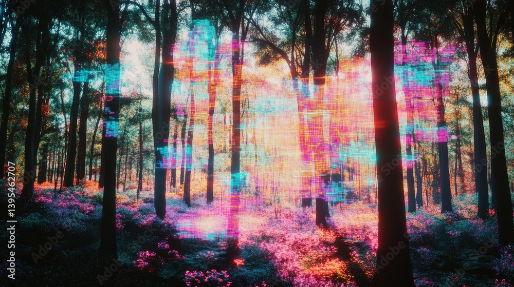 Forest with trees and colorful light effects creating an ethereal atmosphere.