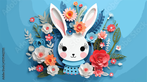 Easter-themed Paper Bunny with Eggs, Flowers, and Hairdressing Vector Illustration