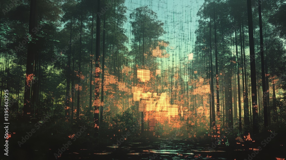 Forest scene with tall trees and sunlight filtering through the branches.