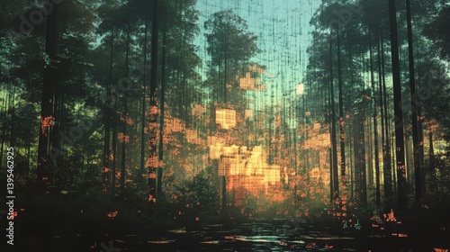 Forest scene with tall trees and sunlight filtering through the branches.