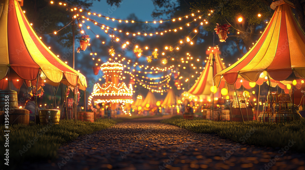 Fototapeta premium A whical nighttime carnival scene features enchanting striped tents illuminated by warm st lights creating a magical festive atmosphere along a charming cobblestone path.