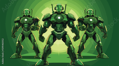 Three Powerful Fighter Robots: Muscular Robots Displaying Strength in a Futuristic Battle Scene