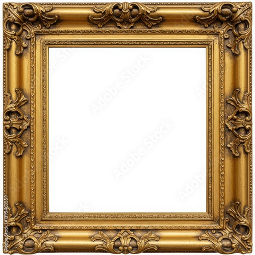 Ornate golden picture frame in baroque style with intricate carvings and antique gilded finish isolated on white background