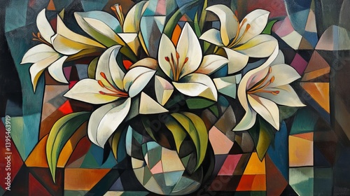 Obraz na płótnie Abstract painting of white lilies in a vase with a geometric background. w salonie