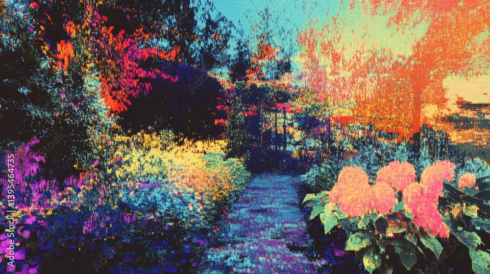 Colorful garden scene with a path surrounded by vibrant flowers and trees.