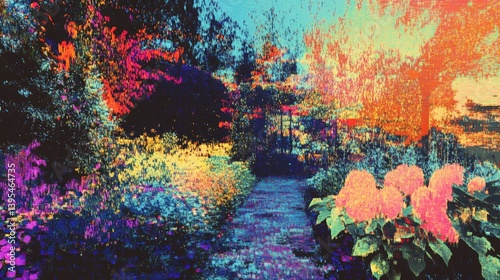 Obraz na płótnie Colorful garden scene with a path surrounded by vibrant flowers and trees. w salonie
