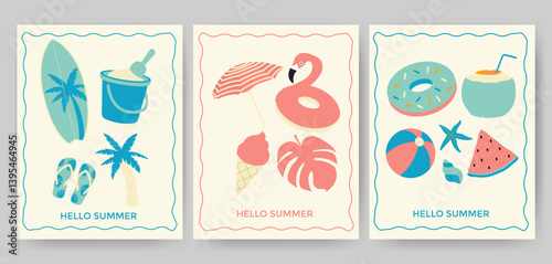 Set of vintage greeting cards for summer. Hand drawn frames with flamingos, ice cream, pineapple, tropic leaves, cocktails, plum tree, watermelon, 
lemon, beach accessories template for poster, banner