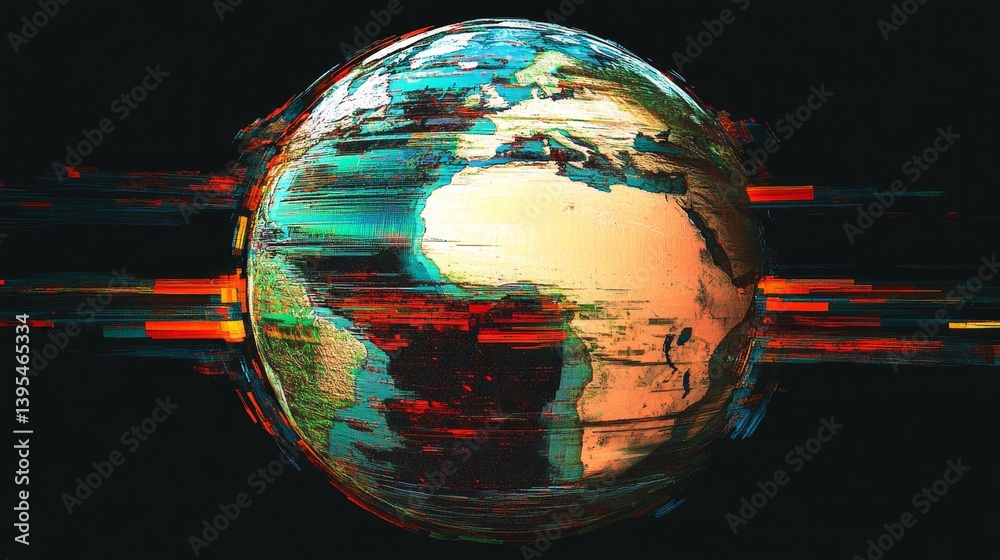 Earth globe with continents and oceans against a dark background with light streaks.