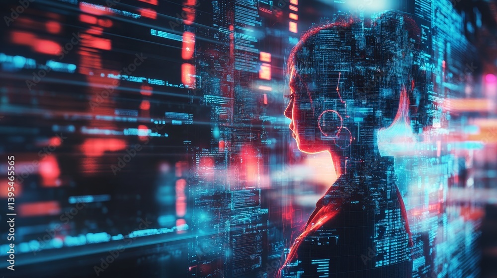 Woman silhouette surrounded by abstract digital data and futuristic technology elements.