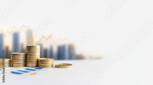 Stacks of gold coins sit on a financial report with blurred bar graph and line chart showing financial growth and success in the background.