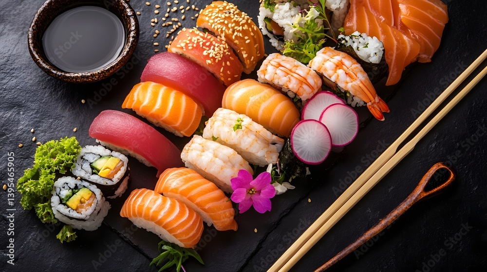 Authentic Japanese Sushi Platter with Fresh Sashimi and Soy Sauce