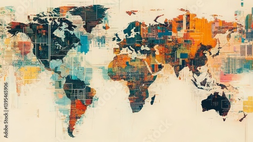 Abstract world map with colorful paint splashes on a beige background.
