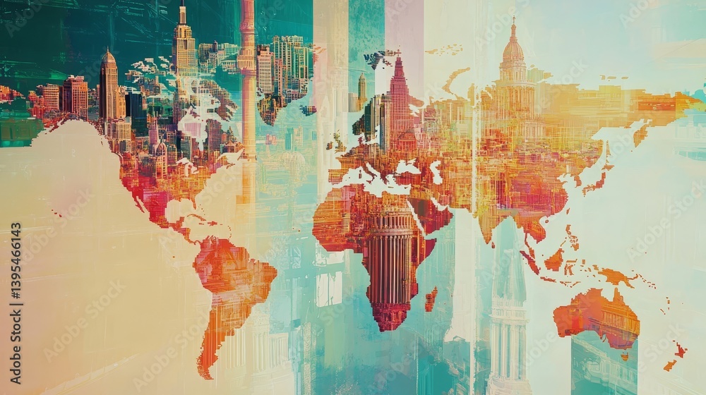 Abstract world map illustration in warm colors with blurred background.