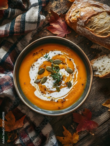 Obraz na płótnie Autumn Comfort Food: Pumpkin Soup with Roasted Seeds and Rustic Bread w salonie