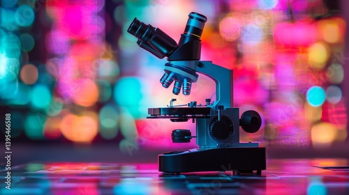 Microscope on a colorful background suggesting science research or laboratory work.
