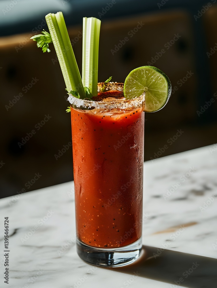 Bloody Mary in a Tall Glass with Celery and Lime on White Background