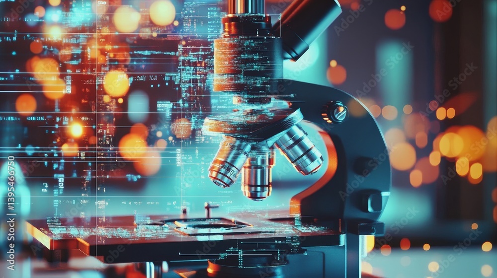 Microscope with abstract glowing background suggesting science research and technological advancement.